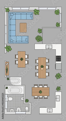 Top view modern apartment floor plan layout with living room, kitchen, dining area, and bathroom, realistic architectural design