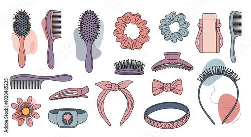 A diverse assortment of trendy hair accessories and styling essentials, featuring brushes, combs, scrunchies, and headbands.