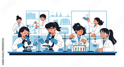 Young students in lab coats and safety goggles conduct various science experiments with microscopes, beakers, and test tubes in a laboratory setting.