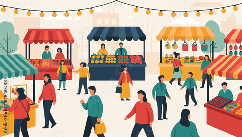 Vibrant outdoor market scene with people shopping and socializing among colorful stalls and string lights on a warm sunny day.