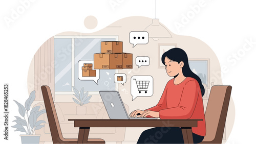 A woman sits at a desk working on a laptop with thought bubbles containing shopping icons and packages floating above her head in a home office setting with a plant and window.
