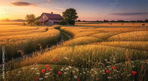 A photorealistic countryside farmhouse stands peacefully surrounded by vast golden wheat fields and layered abstract meadows under a warm summer sky.