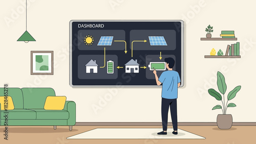 Man interacting with a large smart home dashboard screen in a modern living room with green furniture and decor.