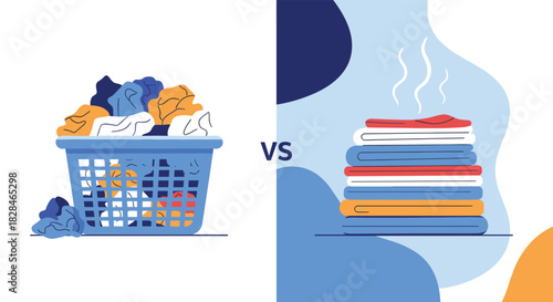 Comparing an overflowing laundry basket of dirty, rumpled clothes with a pristine stack of warm, freshly laundered, and neatly folded garments.