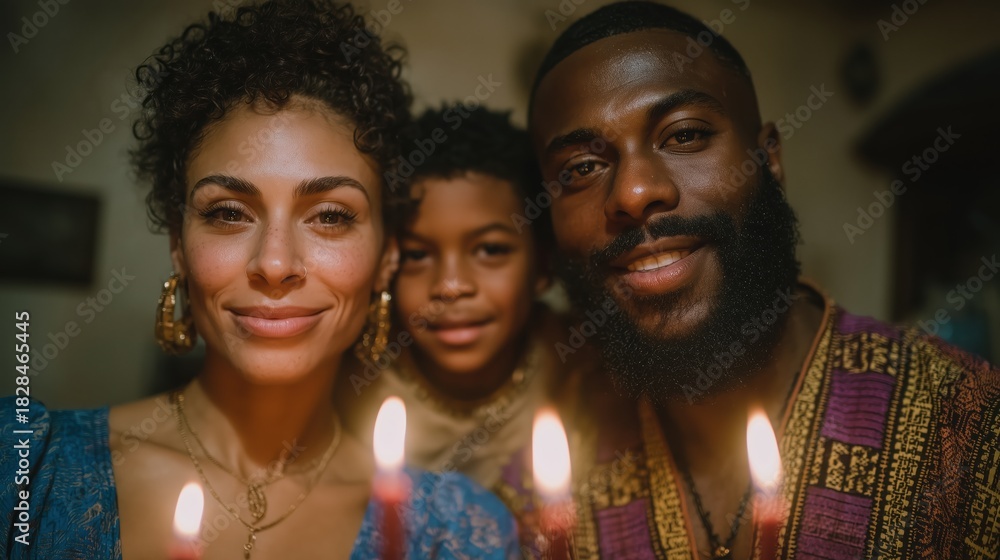 Fototapeta premium A happy family celebrates a holiday, Black people celebrating Kwanzaa festival Happy Kwanzaa Celebrations, for banner, social media feed wallpaper stories. High quality