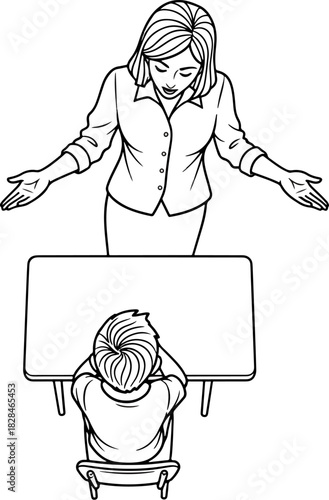 Teacher looking down at a student sitting at a desk, showing frustration and despair in a classroom or school setting, illustration
