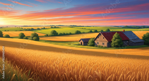 A realistic rural panorama features a classic wooden farmhouse nestled among expansive golden wheat fields ready for peak harvest, stretching toward soft abstract meadows under a clear summer sky.