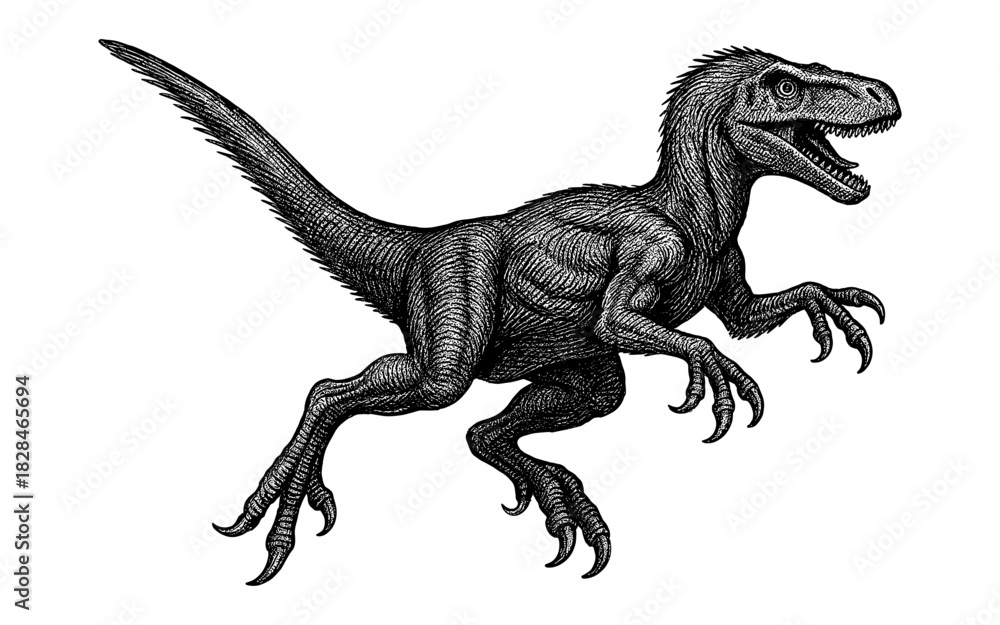 Obraz premium Intricate dinosaur sketch: velociraptor in detailed monochrome art