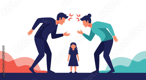 An illustration of parents in a tense argument with their child caught in the middle, symbolizing family discord and divorce.
