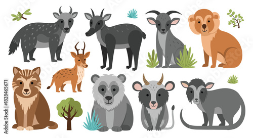 Collection of cute cartoon Asian wildlife animals, including deer, goats, a panda, and other unique mammals, illustrated with plants on white.