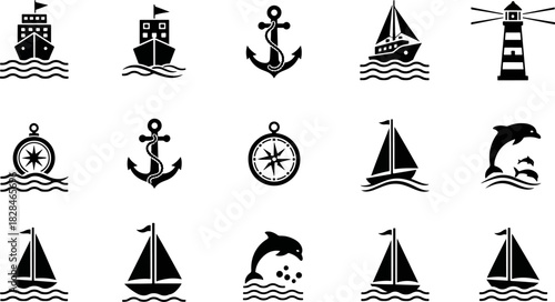 Collection of Nautical Icons Featuring Ships, Anchors, Lighthouses, Compasses, and Dolphins at Sea