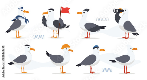 A delightful collection of cartoon seagulls in various maritime-themed poses and with different accessories, standing on a white background.