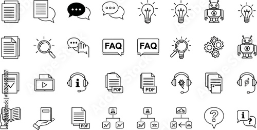 Collection of Modern Flat Icons for Technology, Business, and Communication Concepts with Simple Line Art Design