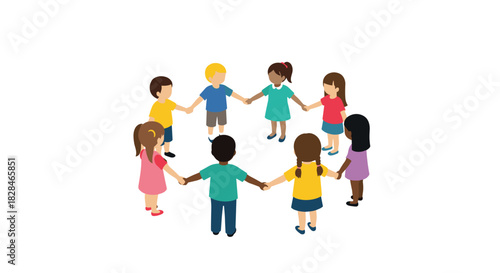 A diverse group of children of various ethnicities and genders holding hands in a circle, symbolizing unity, friendship, and inclusivity.