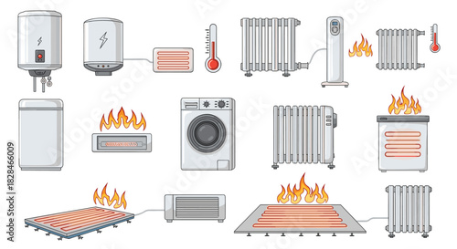 A collection of household heating appliances including water heaters, radiators, electric heaters, and underfloor heating systems.