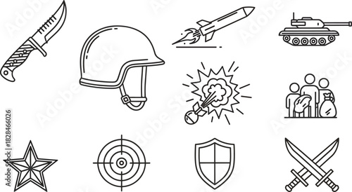 Collection of Military and War Related Icons Including Knife, Helmet, Rocket, Tank, Shield, Swords, and Target