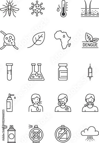 Collection of medical and scientific icons illustrating dengue fever symptoms, prevention, and scientific research elements