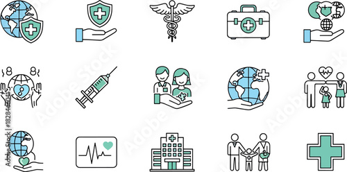 Collection of Medical and Healthcare Icons and Symbols representing global health insurance, medical care, and family well-being