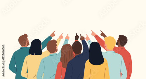 A diverse group of people, viewed from behind, pointing their index fingers upwards in unison towards a blank space.