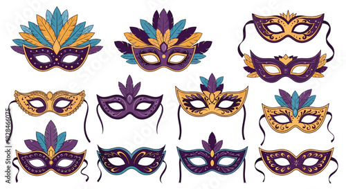 Collection of ornate Mardi Gras carnival masks with feathers and gold accents, featuring traditional designs for celebration.