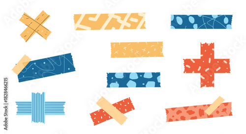 A collection of colorful decorative washi tape pieces in various shapes and patterns, perfect for crafting and scrapbooking projects.