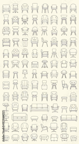 Collection of Line Art Icons Representing Various Types of Chairs and Sofas, Seamless Pattern