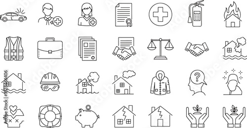 Collection of Insurance and Safety Icons Including Car Accident, Medical, Fire Extinguisher, House Protection and Legal Symbols