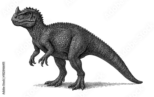 Intricate black and white dinosaur sketch showcasing detailed pen art and texture