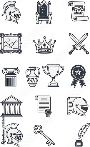 Collection of historical and royal icons including helmets, crowns, swords, and ancient artifacts for design projects