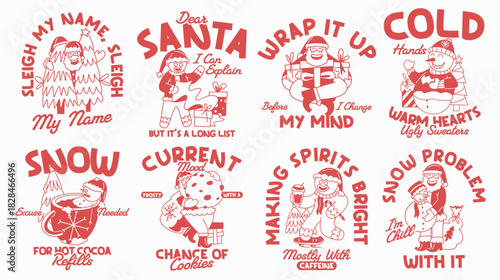 Christmas Santa and snowman cartoon graphic vector illustration, Festive Holiday t-shirt design collection for print, Funny Christmas quotes packs