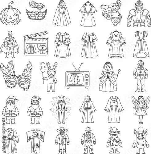 Collection of Hand Drawn Costume Outfits and Accessories for Parties and Celebrations Featuring a Pumpkin, Masks, Princess, Superhero, Santa, and More