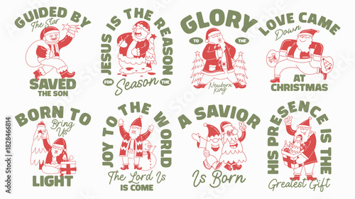 Christmas Jesus cartoon graphic vector illustration, Festive Holiday t-shirt design collection for print, Christianity Christmas theme quotes packs
