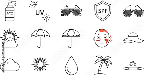 Collection of Flat Icons representing Sun Protection, Weather, and Summer Essentials for Healthy Lifestyle and Travel