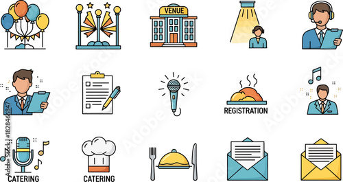 Collection of Flat Event Icons Set Including Balloons Venue Stage Microphone Catering And Registration