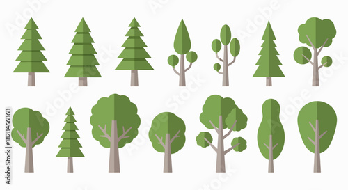 Collection of Flat Design Style Trees Featuring Pine Trees and Deciduous Trees for Nature and Eco Themes