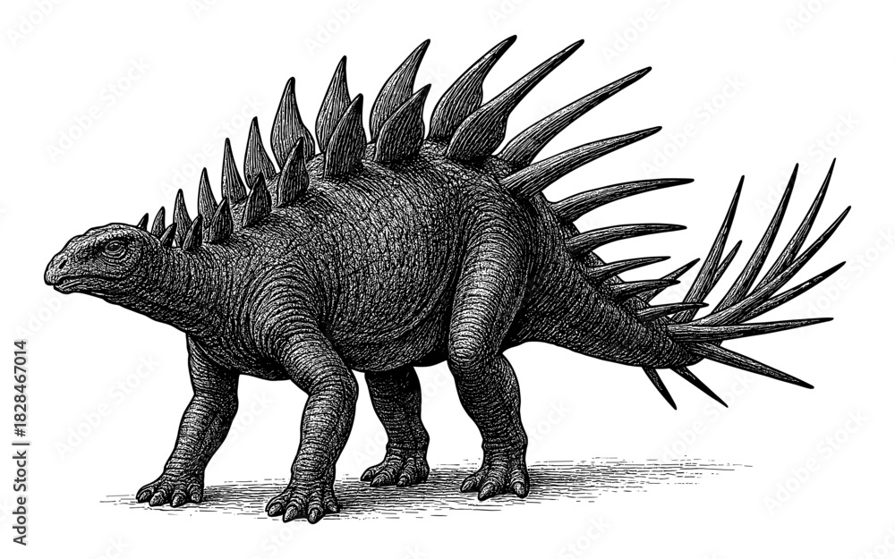 Fototapeta premium Detailed black and white engraving of prehistoric dinosaur with spikes