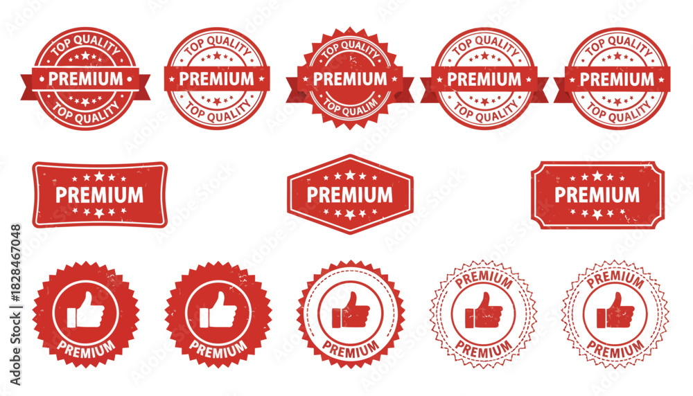 Obraz premium A versatile set of red retro-style premium quality seals, satisfaction guarantee stamps, and recommendation badges for branding and marketing