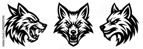 Stylized Fox Head Illustrations in Bold Black and White – Fierce Animal Graphics Featuring Snarling, Intense, and Confident Expressions for Mascots, Emblem, Tattoos, Logos, and Tribal-Inspired Design 