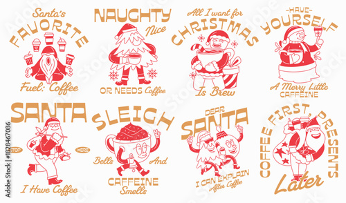 Christmas coffee cartoon graphic vector illustration, Festive Holiday t-shirt design collection for print, Funny Christmas quotes packs, coffee lovers