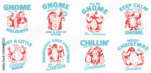 Christmas gnomes cartoon graphic vector illustration, Festive Holiday t-shirt design collection for print, Funny Christmas quotes packs