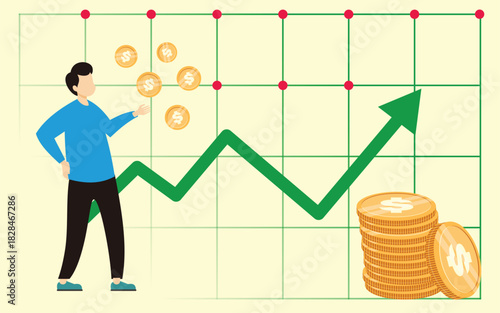 Vector illustration of a trader monitoring sales with a chart arrow complete with a sprinkling of a coin icons