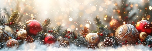 Panoramic Christmas Decorations with Ornaments, Pinecones, and Bokeh Lights