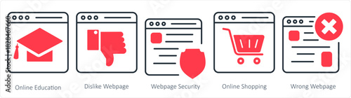 A set of 5 internet icons as online education, dislike webpage, webpage security