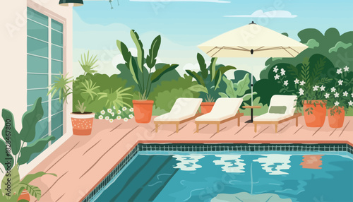 A tranquil backyard oasis illustration with a pristine swimming pool, sun loungers, and lush tropical garden for summer relaxation