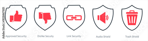 A set of 5 internet icons as approved security, dislike security, link security