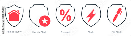A set of 5 internet icons as home security, favorite shield, discount