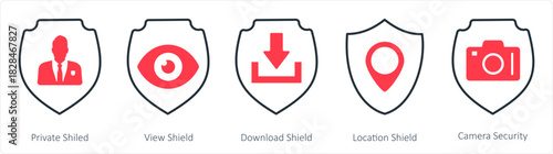 A set of 5 internet icons as private shield, view shield, download shield