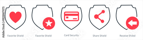A set of 5 internet icons as favorite shield, card security, share shield