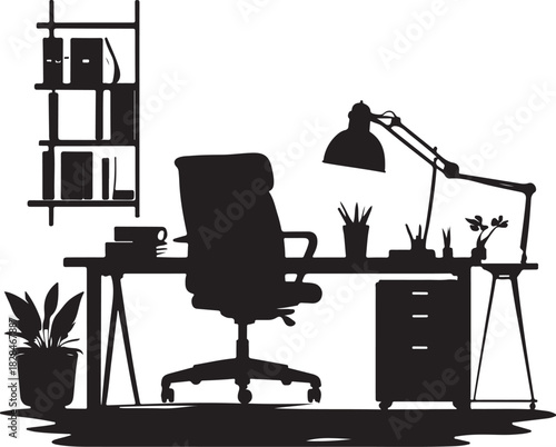 Black silhouette of office desk with chair lamp and plant