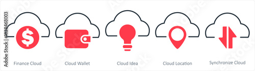 A set of 5 internet icons as finance cloud, cloud wallet, cloud idea